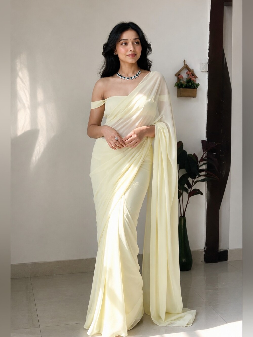 1-Minute Light Yellow Georgette Saree With Stitched Sleeveless Blouse - Size 10